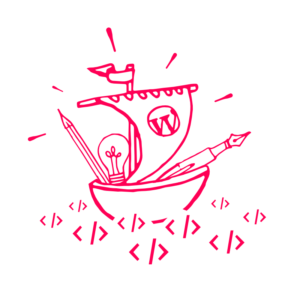 Sigle de WP Paris dessiné par Thomas Villain : Crayons et ampoule navigant sur une mer de code (ou Merde de code si c'est un thème themeforest !)